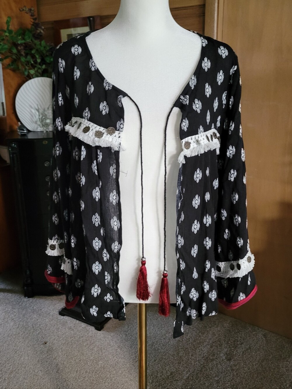 Boho Black and White Tassel-Front Blouse